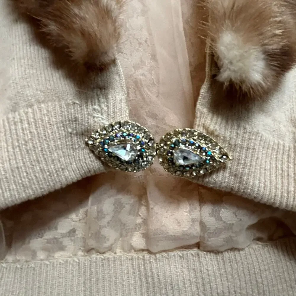 1950s Cashmere Cardigan Detachable Mink Fur Collar Rhinestone Clasp Glam SM - Picture 4 of 13